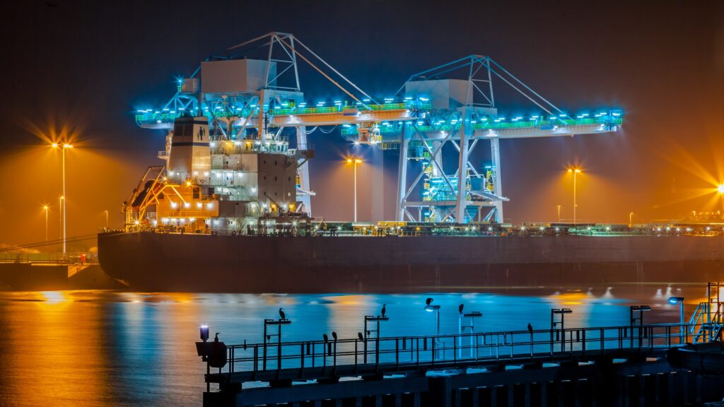 Transport Ship in harbor at night